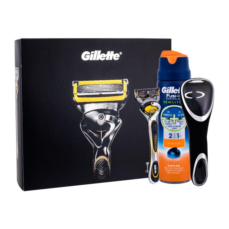 Gillette ProShield Poklon set brijač 1 ks + gel za brijanje Fusion Proglide Sensitive Active Sport 170 ml + kućište za brijač 1 ks