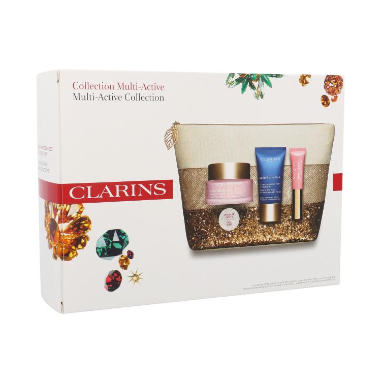 Clarins Multi-Active Poklon set denní pleťová péče 50 ml + noční pleťová péče 15 ml + tónující balzám Instant Light Natural Lip Perfector 5 ml 01 Rose Shimmer + kosmetická taška