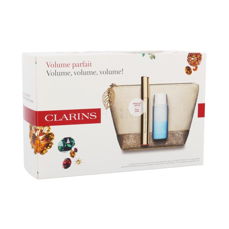 Clarins Mascara Supra Volume Poklon set maskara 8 ml + odstranjivač šminke Instant Eye Make-Up Remover 30 ml + kozmetička torba