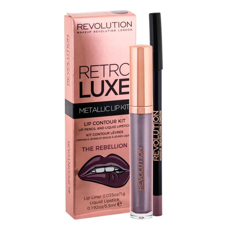 Makeup Revolution London Retro Luxe Metallic Lip Kit Poklon set tekući ruž za usne 5,5 ml + olovka za usne 1 g