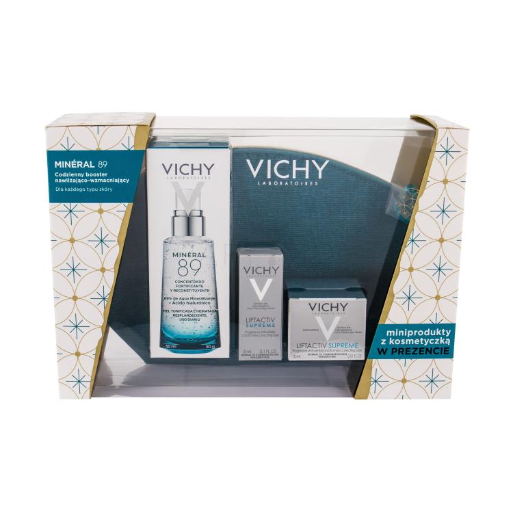 Vichy Minéral 89 Poklon set serum za lice 50 ml + dnevna krema Liftactiv Supreme 15 ml + dnevna krema Liftactiv Supreme 3 ml + kozmetička torbica