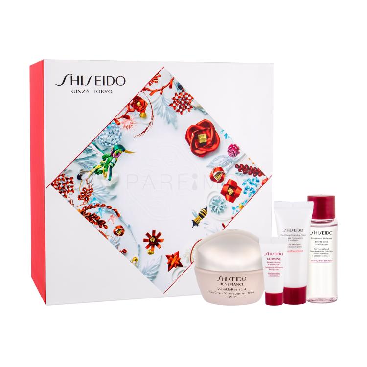 Shiseido Benefiance Wrinkle Resist 24 Day Cream SPF15 Poklon set dnevna krema SPF15 50 ml + serum za lice ULTIMUNE 5 ml + pjena za čišćenje lica Clarifying Cleansing Foam 15 ml + vodica za lice Treatment Softener 30 ml