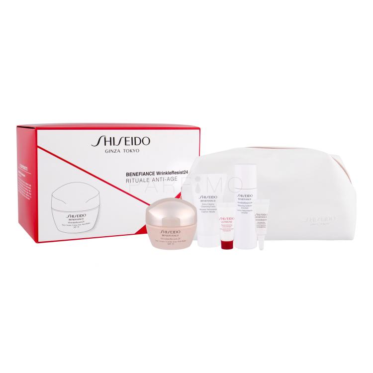 Shiseido Benefiance Wrinkle Resist 24 Day Cream SPF15 Poklon set dnevna krema SPF15 50 ml + krema za područje oko očiju 3 ml + vodica za čišćenje lica 30 ml + pjena za čišćenje lica 30 ml + serum za lice Ultimune 5 ml + kozmetička torbica