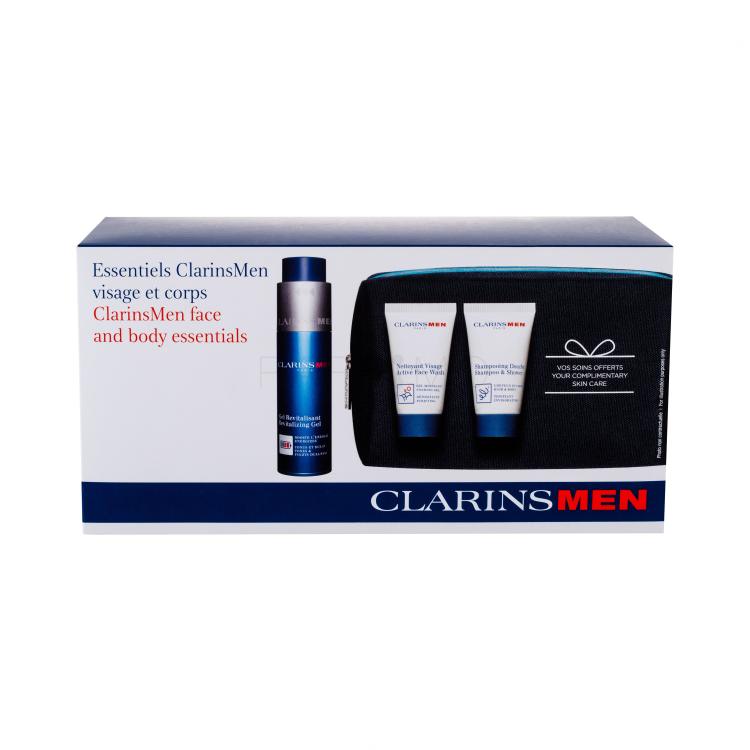 Clarins Men Revitalizing Gel Poklon set hidratantni gel 50 ml + njega za čišćenje Active Face Wash 30 ml + gel za tuširanje Shampoo &amp; Shower 30 ml + kozmetička torbica