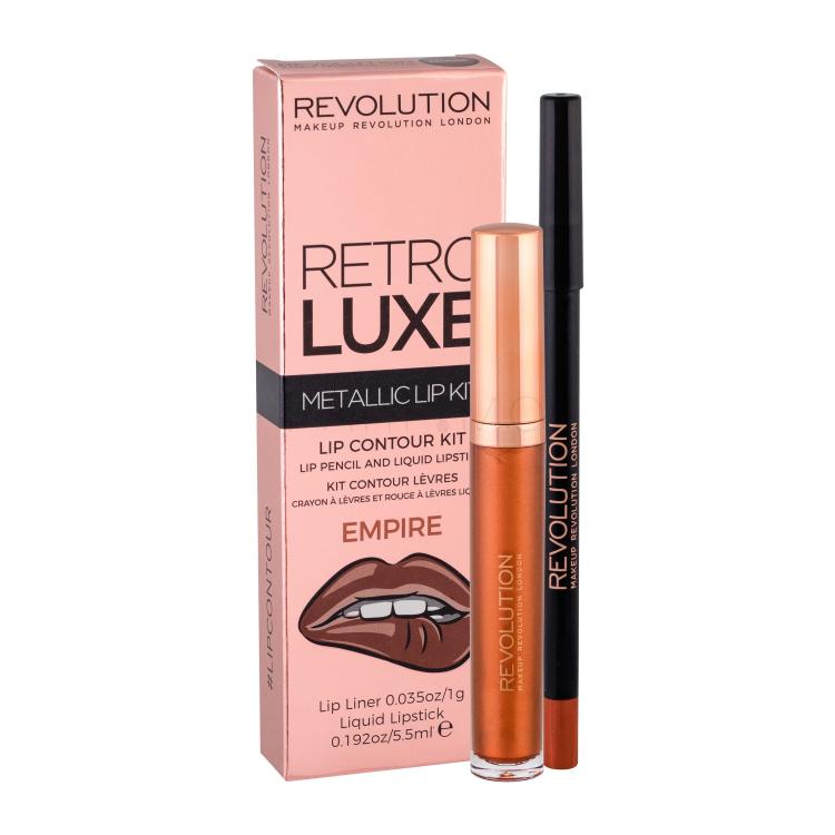 Makeup Revolution London Retro Luxe Metallic Lip Kit Poklon set Tekući ruž za usne 5,5 ml + konturing olovka za usne 1 g