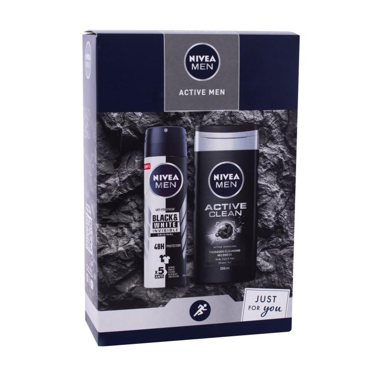 Nivea Men Active Poklon set gel za tuširanje 250 ml + antiperspirantn u spreju Black &amp; White Invisible 150 ml