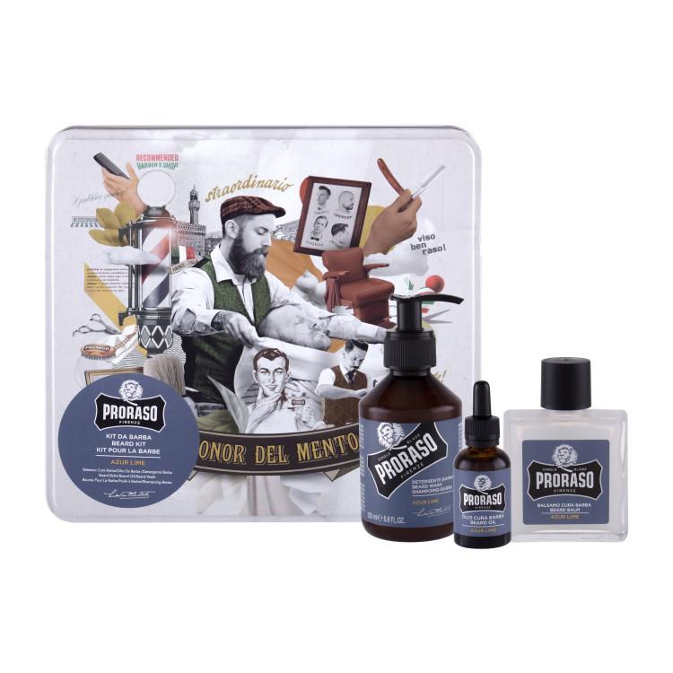 PRORASO Azur Lime Beard Wash Poklon set šampon za bradu 200 ml + balzam za bradu 100 ml + ulje za bradu 30 ml + kutija