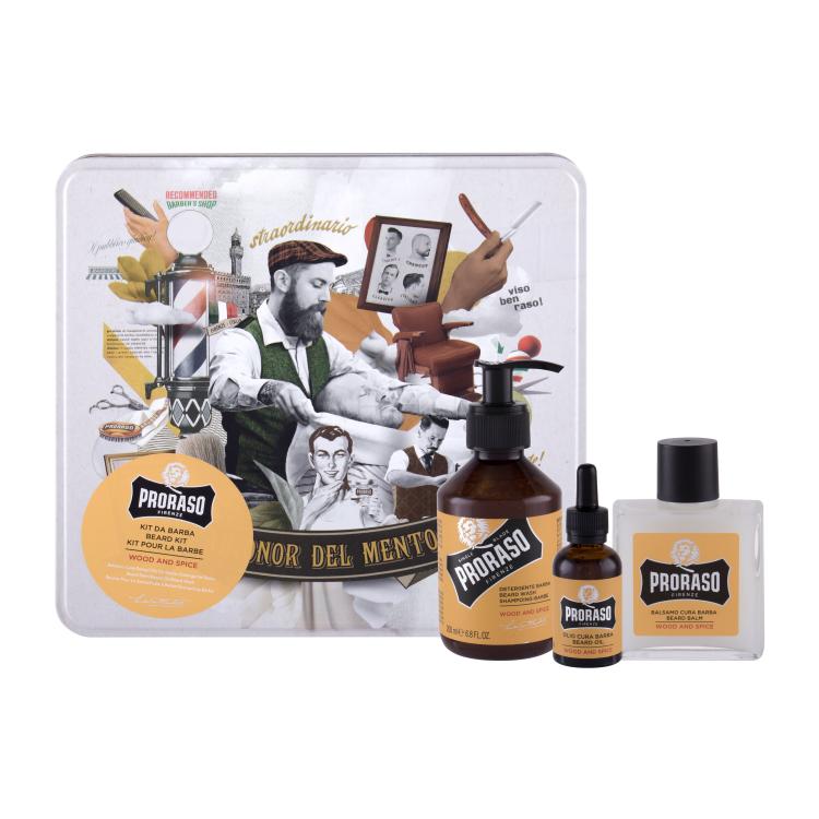 PRORASO Wood &amp; Spice Beard Wash Poklon set šampon za bradu 200 ml + balzam za bradu 100 ml + ulje za bradu 30 ml + kutija