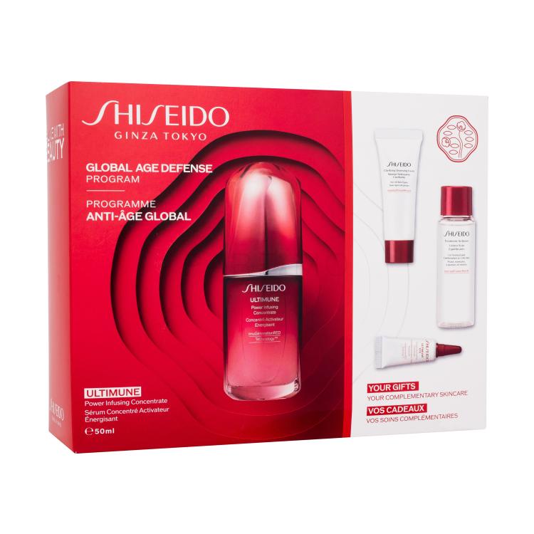 Shiseido Ultimune Global Age Defense Program Poklon set serum Ultimune Power Infusing Concentrate 50 ml + pjena za čišćenje Clarifying Cleansing Foam 15 ml + voda za lice Treatment Softener 30 ml + serum za područje oko očiju Ultimune Power Infusing Eye Concentrate 3 ml