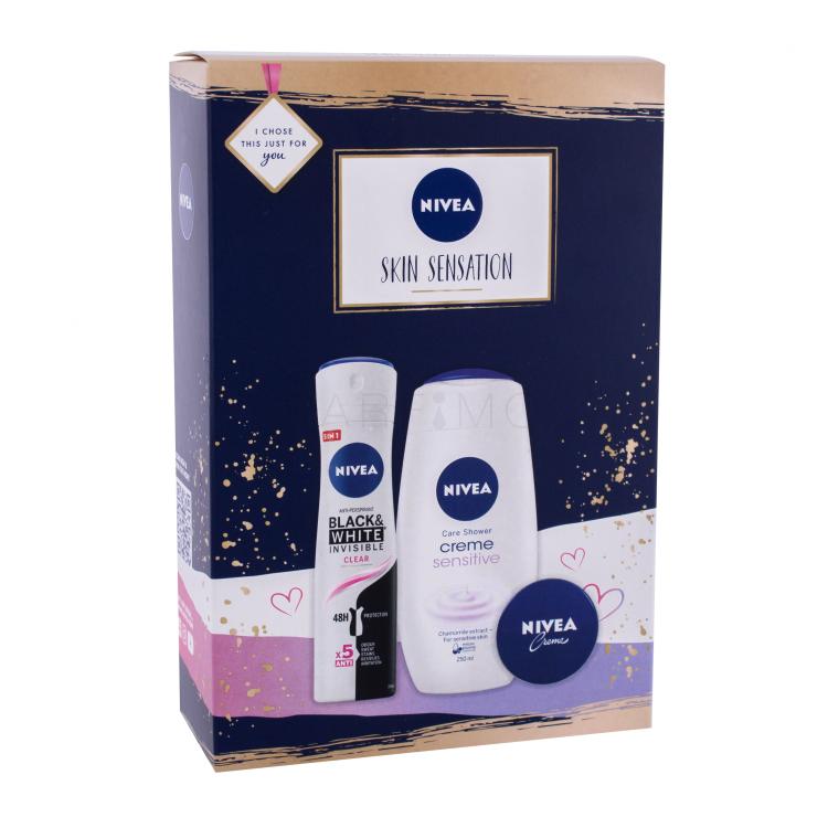 Nivea Skin Sensation Poklon set gel za tuširanje Creme Sensitive 250 ml + antiperspirant Black &amp; White Invisible Clear 150 ml + univerzalna krema Creme 30 ml