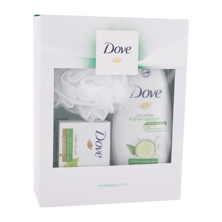 Dove Revitalising Gift Set Poklon set sprchový gel Cucumber &amp; Green Tea 250 ml + tuhé mýdlo Fresh Touch 100 g + mycí houba
