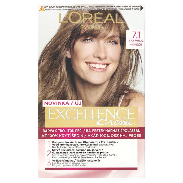 L&#039;Oréal Paris Excellence Creme Triple Protection Boja za kosu za žene 48 ml Nijansa 7,1 Natural Ash Blonde