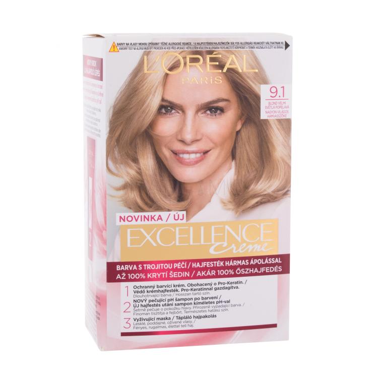 L&#039;Oréal Paris Excellence Creme Triple Protection Boja za kosu za žene 48 ml Nijansa 9,1 Natural Light Ash Blonde oštećena kutija