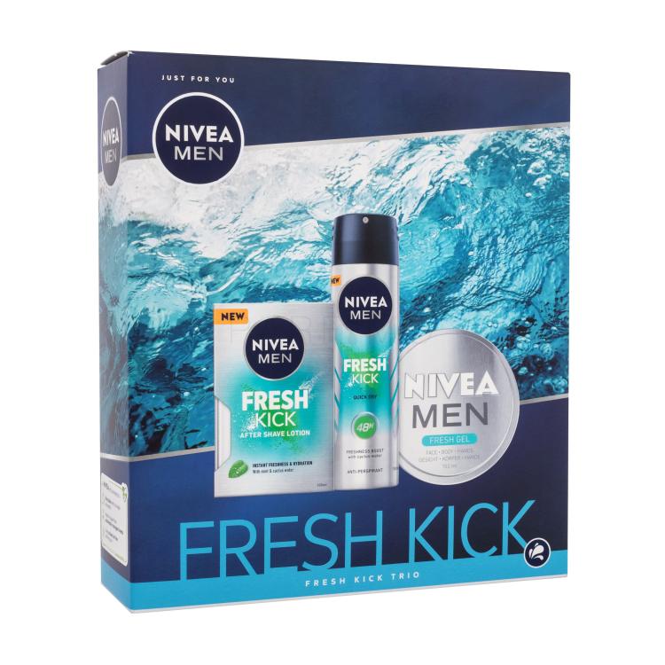 Nivea Men Fresh Kick Trio Poklon set vodica nakon brijanja Men Fresh Kick 100 ml + antiperspirant Men Fresh Kick 150 ml + gel za lice, tijelo i ruke Men Fresh Gel 150 ml