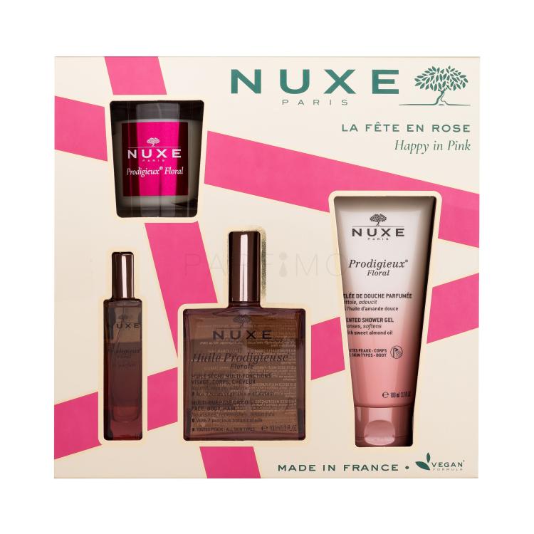 NUXE Happy In Pink Poklon set suho ulje Huile Prodigieuse Florale 100 ml + gel za tuširanje Prodigieux Floral 100 ml + parfemska voda Prodigieux Floral 15 ml + svijeća Prodigieux Floral 70 g