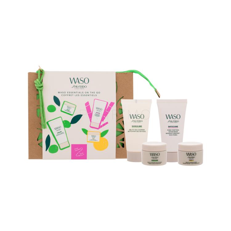 Shiseido Waso Essentials On The Go Poklon set krema za lice Waso Shikulime 15 ml + gel za čišćenje lica Waso Shikulime 30 ml + noćna maska za lice Waso Yuzu-C 15 ml + piling maska Waso Satocane 30 ml + kozmetička torbica