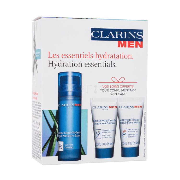 Clarins Men Hydration Essentials ClarinsMen Poklon set balzam za lice Men Super Moisture Balm 50 ml + gel za lice Men Active Face Wash 30 ml + gel za tuširanje Men Shampoo &amp; Shower 30 ml