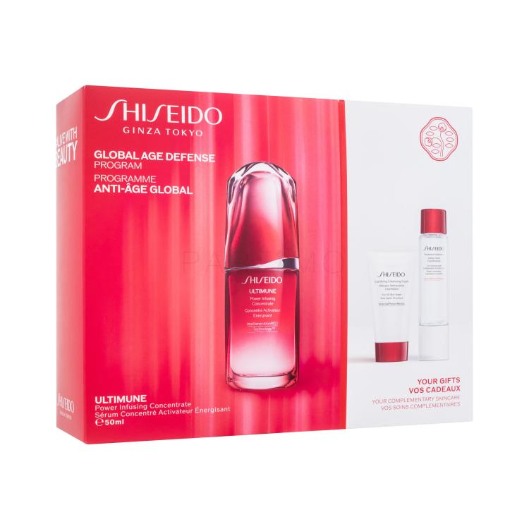 Shiseido Ultimune Global Age Defense Program Poklon set serum za lice Ultimune Power Infusing Concentrate 50 ml + pjena za čišćenje Clarifying Cleansing Foam 30 ml +  vodica za lice Treatment Softener 30 ml