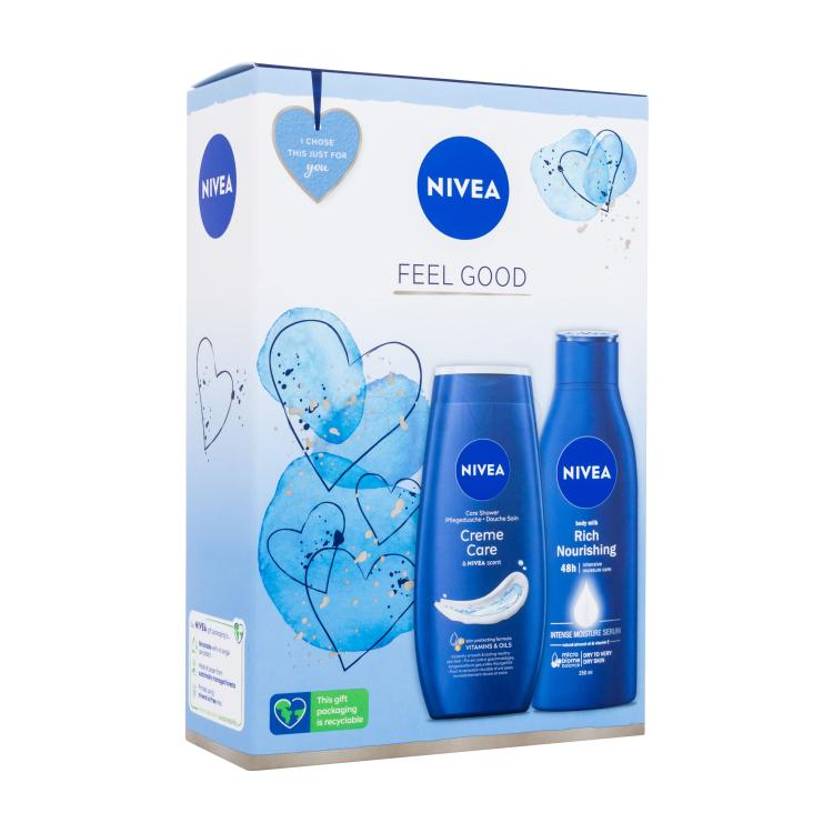 Nivea Feel Good Poklon set gel za tuširanje Creme Care 250 ml + mlijeko za tijelo Body Milk Rich Nourishing 250 ml