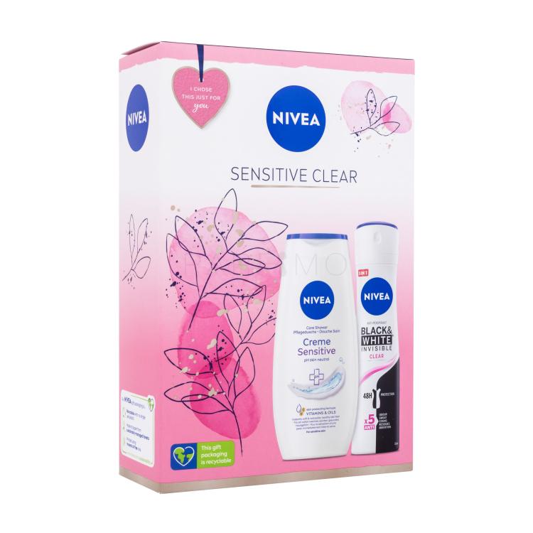 Nivea Sensitive Clear Poklon set gel za tuširanje Creme Sensitive 250 ml + antiperspirant Black &amp; White Invisible Clear 150 ml