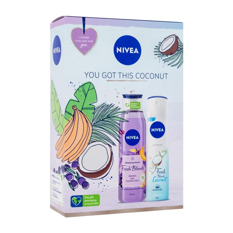 Nivea You Got This Coconut Poklon set gel za tuširanje Fresh Blends Banana, Acai, Coconut Milk 300 ml + antiperspirant Fresh Blends Coconut 150 ml