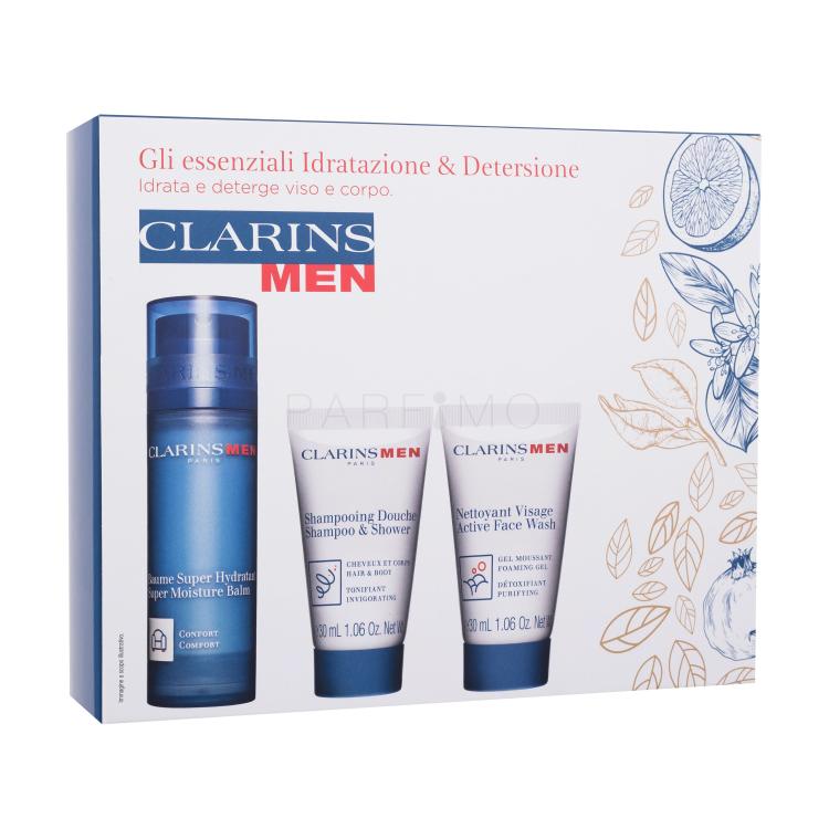 Clarins Men Hydration Essentials Poklon set balzam za lice Men Super Moisture Balm 50 ml + šampon Men Shampoo &amp; Shower 30 ml + gel za čišćenje lica Men Active Face Wash 30 ml