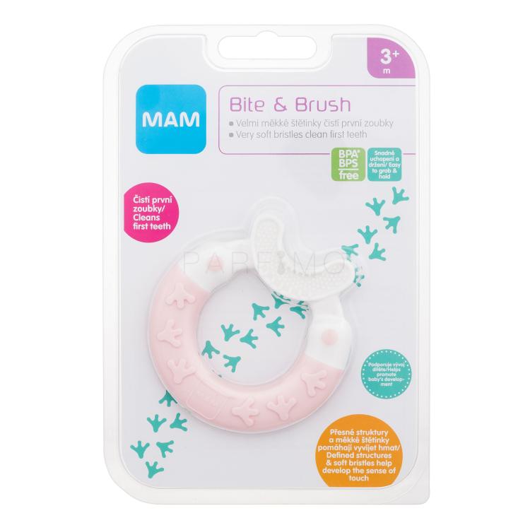 MAM Bite &amp; Brush Teether 3m+ Pink Zubna četkica za djecu 1 kom