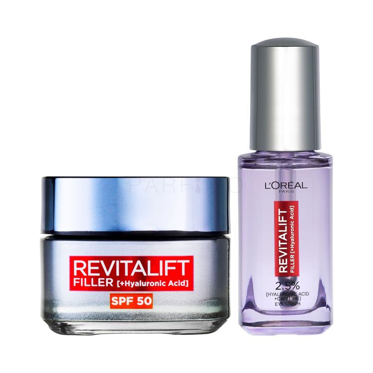 Set Dnevna krema za lice L&#039;Oréal Paris Revitalift Filler HA SPF50 + Serum za područje oko očiju L&#039;Oréal Paris Revitalift Filler HA 2,5%