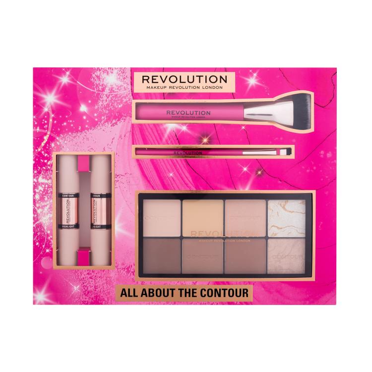 Makeup Revolution London All About The Contour Gift Set Poklon set kontor paleta Ultra Contour Palette 16 g + korektor Fast Base Contour Stick 1 kom Medium + korektor Fast Base Contour Stick 1 kom Dark + kist Create Defining Contour R10 1 kom + kist Create Flat Blending Contour R22 1 kom