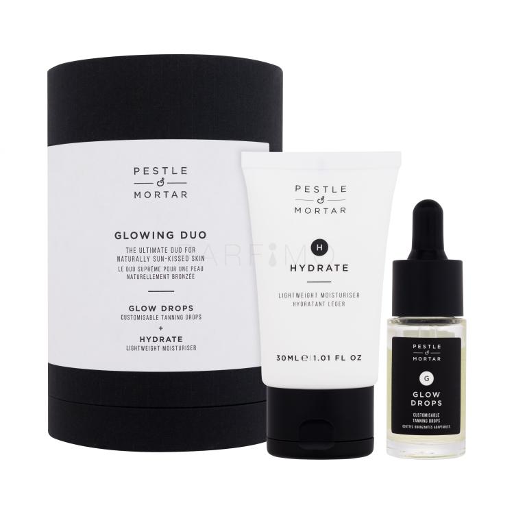 Pestle &amp; Mortar Glowing Duo Poklon set serum za samotamnjenje Glow Drops 15 ml + hidratantna krema za lice Hydrate Lightweight Moisturizer 30 ml