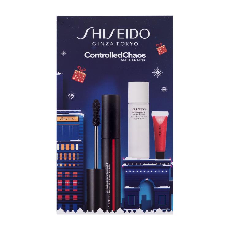 Shiseido ControlledChaos MascaraInk Poklon set maskara ControlledChaos MascaraInk 11,5 ml + odstranjivač šminke Instant Eye and Lip Makeup Remover 30 ml  + sjajilo za usne Shimmer GelGloss 2 ml 07 Shin-Ku Red