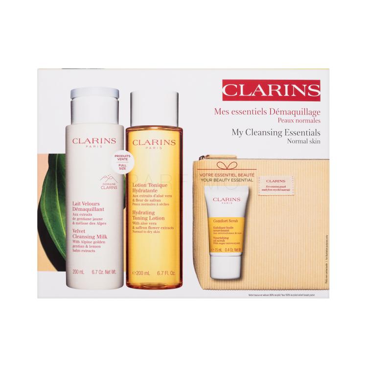 Clarins My Cleansing Essentials Normal Skin Poklon set Baršunasto mlijeko za čišćenje 200 ml + hidratantni tonirajući losion 200 ml + hranjivi uljni piling 15 ml + organska kozmetička torbica
