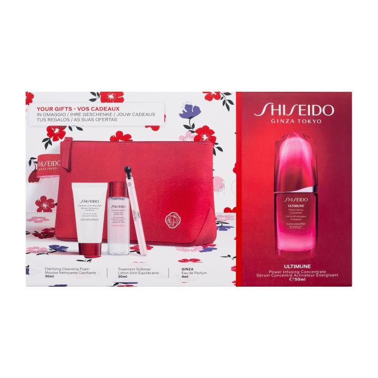 Shiseido Ultimune Power Infusing Concentrate Poklon set serum za lice Ultimune Power Infusing Concentrate 50 ml + pjena za čišćenje lica Clarifying Cleansing Foam 30 ml + tonik za lice Treatment Softener 30 ml + parfemska voda 4 ml + kozmetička torbica