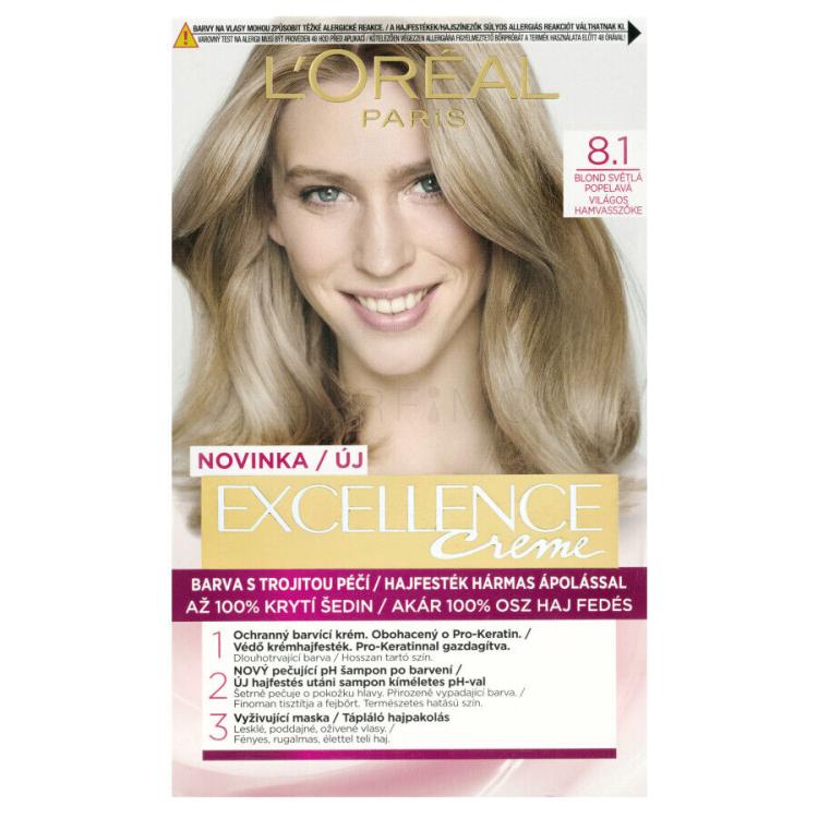 L&#039;Oréal Paris Excellence Creme Triple Protection Boja za kosu za žene 48 ml Nijansa 8,1 Natural Ash Blonde