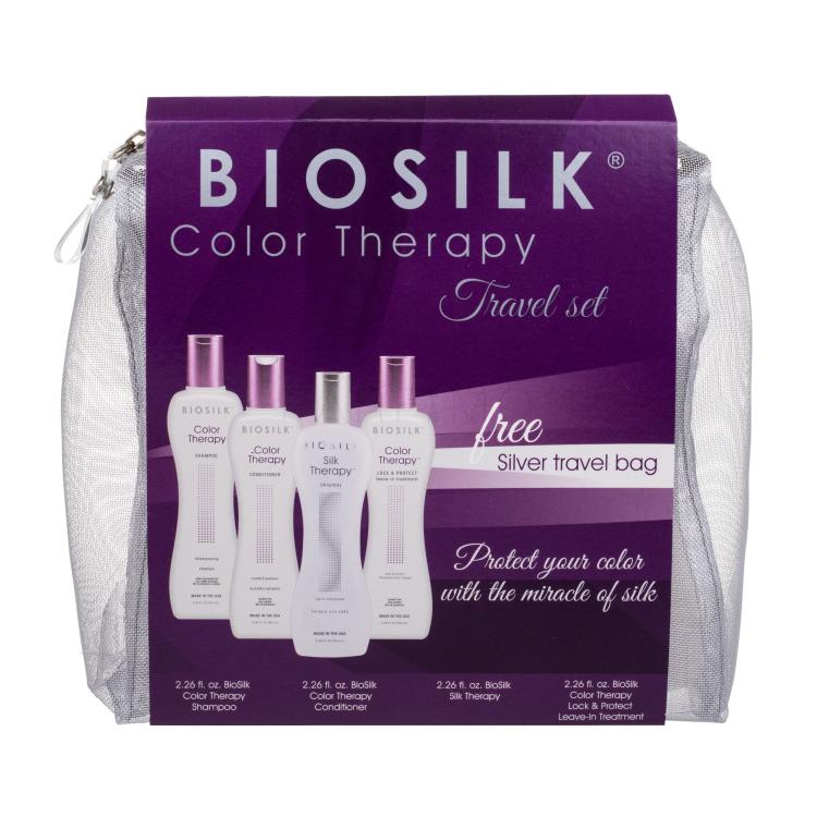 Farouk Systems Biosilk Color Therapy Poklon set šampon 67 ml + balzam 67 ml + serum za kosu Biosilk Silk Therapy Silk 67 ml + serum za kosu Lock &amp; Protect Treatment 67 ml + kozmetička torbica